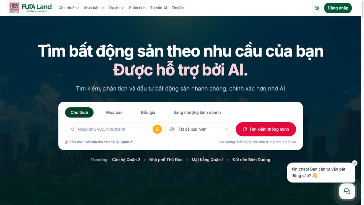 Giao diện nền tảng bất động sản tích hợp AI FUTA Land